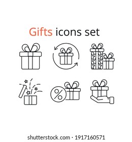 Gift linear icon set  Closed present  Surprise in box  Celebrate birthday  Give away  Thin line customizable illustration  Contour symbol  Vector isolated outline drawing  Editable stroke