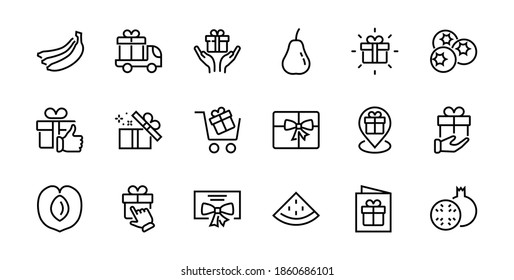 Gift Linear Icon Set enthält Geschenkbox, Geschenkkauf und Lieferung, Geolokation mobile App, Geschenkbenachrichtigung, SMS. Bearbeitbarer Strichcode, Vektorsymbole.