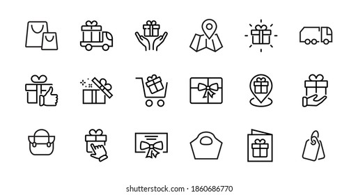 Gift Linear Icon Set contains gift box, gift purchase and delivery, geolocation mobile app, gift notification, SMS. Editable barcode, vector icons.