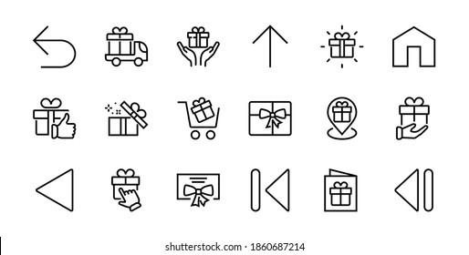 El juego de iconos lineales de regalo contiene caja de regalo, compra y entrega de regalos, aplicación móvil de geolocalización, notificación de regalo, SMS. Código de barras modificable, iconos vectoriales.