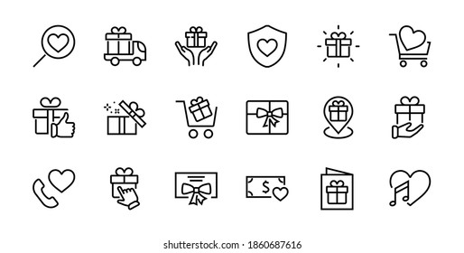 Gift Linear Icon Set contains gift box, gift purchase and delivery, geolocation mobile app, gift notification, SMS. Editable barcode, vector icons.