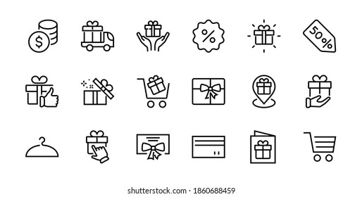El juego de iconos lineales de regalo contiene caja de regalo, compra y entrega de regalos, aplicación móvil de geolocalización, notificación de regalo, SMS. Código de barras modificable, iconos vectoriales.