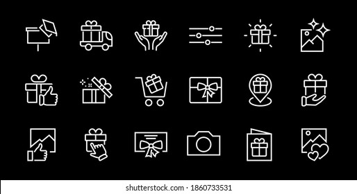 Gift Linear Icon Set contains gift box, gift purchase and delivery, geolocation mobile app, gift notification, SMS. Editable barcode, vector icons.