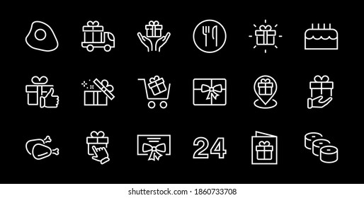 Gift Linear Icon Set contains gift box, gift purchase and delivery, geolocation mobile app, gift notification, SMS. Editable barcode, vector icons.