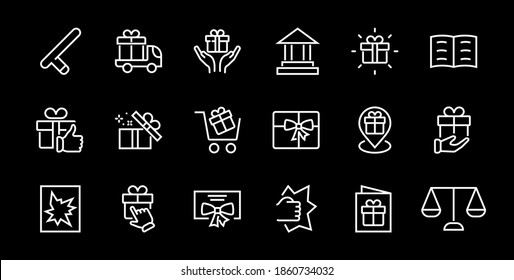 Gift Linear Icon Set contains gift box, gift purchase and delivery, geolocation mobile app, gift notification, SMS. Editable barcode, vector icons.