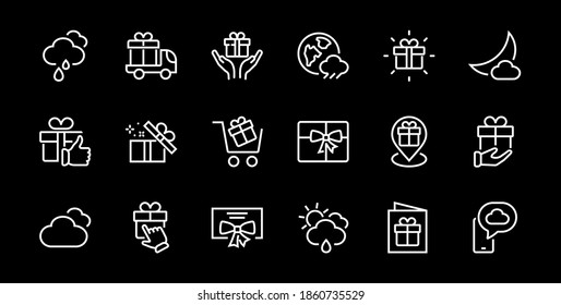 Gift Linear Icon Set contains gift box, gift purchase and delivery, geolocation mobile app, gift notification, SMS. Editable barcode, vector icons.