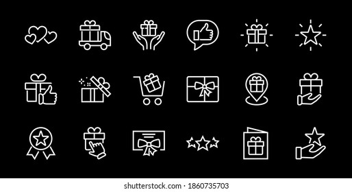 Gift Linear Icon Set contains gift box, gift purchase and delivery, geolocation mobile app, gift notification, SMS. Editable barcode, vector icons.