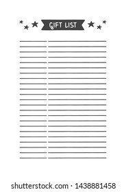 Gift List. Vector Template for Agenda, Planner and Other Stationery. Printable Organizer for Study, School or Work. Objects Isolated on White Background.