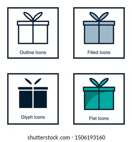 GIFT LOGO WITH SOME KINDS OF STYLES, LINE ICONS, FILLED ICONS, GLYPH ICONS, AND FLAT ICONS