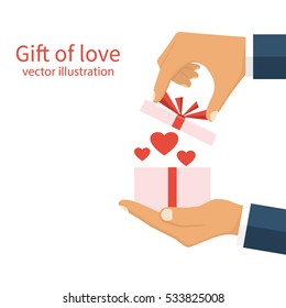 Gift of love concept. Happy Valentine's Day. Man holding in hands open gift box with red heart, symbol love confessions. Vector illustration flat design. Romantic surprise in a box. Poster template.