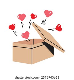 gift of love. flat design illustration of an open cardboard box showing a heart from inside