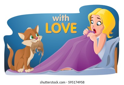 The gift. With love. Funny cat holding rat. Girl shocked. Cartoon styled vector illustration. No transparent objects.