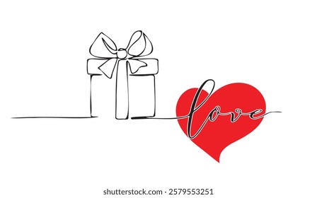 A Gift of Love, A minimalist line art depicting a present connected by a single line to a heart with the word love written inside, representing the giving and receiving of affection,