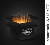 Gift magic open 3d box with golden rays and flying magical dust for Black Friday sale. Graphic elements for your design. Vector illustration. EPS 10.