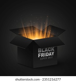 Gift magic open 3d box with golden rays and flying magical dust for Black Friday sale. Graphic elements for your design. Vector illustration. EPS 10.