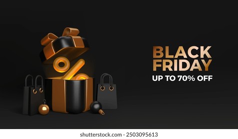 Gift magic open 3d box with golden rays and flying magical dust for Black Friday sale. Graphic elements for your design. Vector illustration. EPS 10.