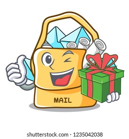 With gift mail bag character on table front
