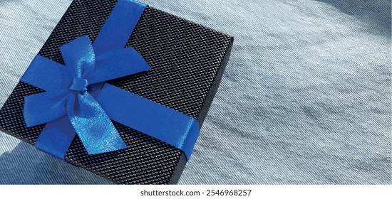 Gift for a man. Black box with a blue bow. Gift box. Postcard for a man. Classic gift for a man. Gift wrapping. Surprise for a man.