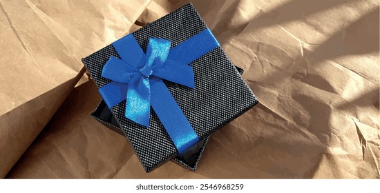 Gift for a man. Black box with a blue bow. Gift box. Postcard for a man. Classic gift for a man. Gift wrapping. Surprise for a man.