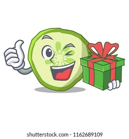 With gift mascot slice cucumber to cook vegetable