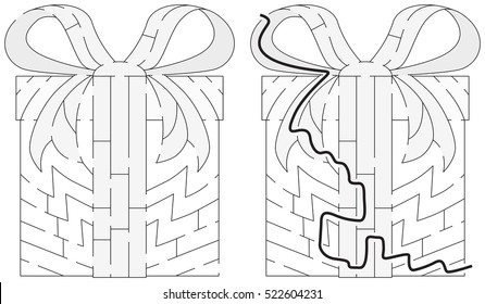 Gift maze for kids with a solution in black and white