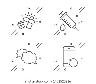 Gift, Medical syringe and Messenger line icons set. Recovery phone sign. Marketing box, Vaccination, Speech bubble. Backup smartphone. Business set. Line gift outline icon. Vector