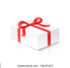 Gift mobile phone box with red color bow knot, ribbon isolated on white background. Happy birthday, Christmas, New Year, Wedding or Valentine Day package concept. Closeup Vector illustration 3d view