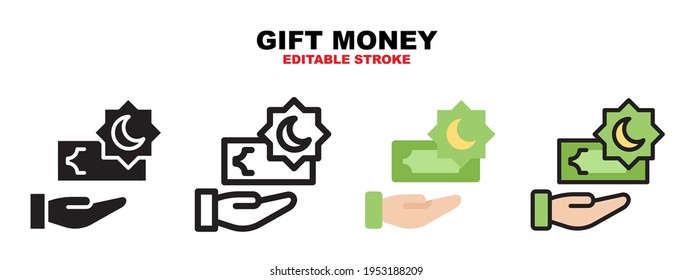 Gift Money icon set with different styles. Icons designed in filled, outline, flat, glyph and line colored. Editable stroke and pixel perfect. Can be used for web, mobile, ui and more.