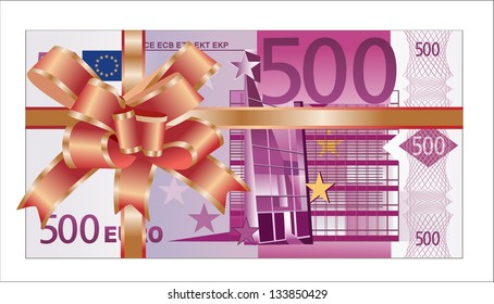 Gift of money. Stack of euro bills with red ribbon isolated on white background.