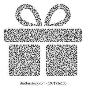Gift mosaic of dots in different sizes and color tints. Circle dots are united into gift vector collage. Dotted vector design concept.