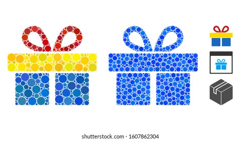 Gift mosaic of filled circles in different sizes and color tints, based on gift icon. Vector round dots are united into blue mosaic. Dotted gift icon in usual and blue versions.