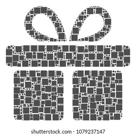 Gift mosaic icon of squares and circle particles in different sizes. Vector objects are united into gift collage design concept.