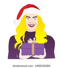 gift, mother, christmas, smiling, hat, vector, illustration, woman, smiling, blonde,