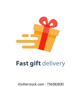 Gift in motion, fast gift delivery service, yellow red gift box flat icon, present quick solution, vector illustration