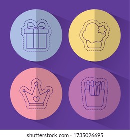gift muffin crown and french fries design, Cute patch expression emoticon and childhood theme Vector illustration