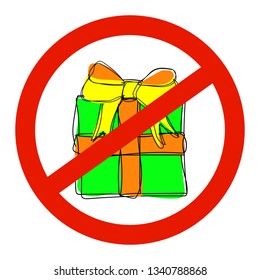 Gift multi-colored box with Doodle style with bow and ribbons, prohibiting red sign icon