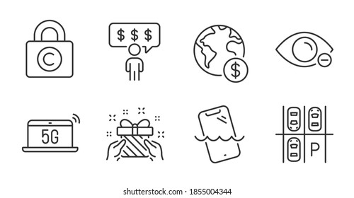 Gift, Myopia and Copyright locker line icons set. Smartphone waterproof, Global business and Employee benefits signs. Parking place, 5g notebook symbols. Quality line icons. Gift badge. Vector