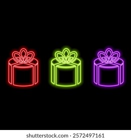 Gift with neon bow icon. Vector.