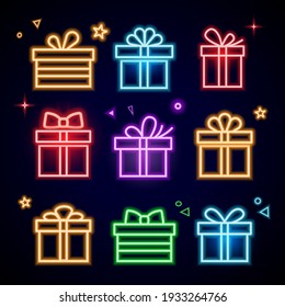 Gift neon sign. COLORFUL Gift box icons. Night neon sign, night bright advertisement, light banner.
 svg