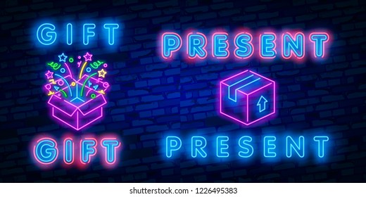 Gift Neon Sign Vector. Reward neon sign, Win super prize design template, modern trend design, night neon signboard, night bright advertising, light banner, light art. Vector illustration