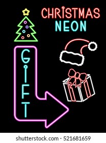 "Gift", Neon vintage sign, pointer arrow. Christmas and New Year illustration with simulated glow lamp on a black background, vector EPS 8