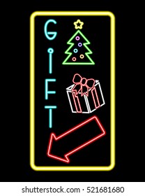 "Gift", Neon vintage sign, pointer arrow. Christmas and New Year illustration with simulated glow lamp on a black background, vector EPS 8