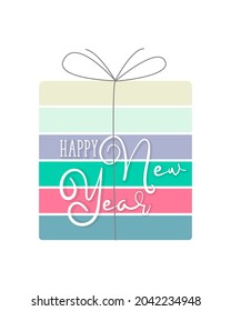 Gift for New Year, box, bow, inscription Happy New Year. Element for design. Isolated, white background.