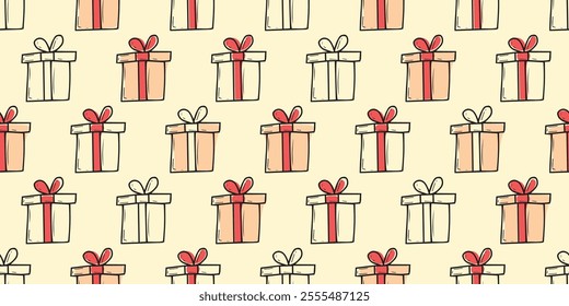 A lot of gift for the New Year. Seamless pattern with gifts. Pattern for gift wrapping. New Year's gift. Gift box with a red bow.