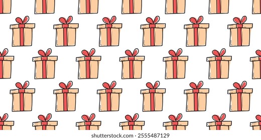 A lot of gift for the New Year. Seamless pattern with gifts. Pattern for gift wrapping. New Year's gift. Gift box with a red bow.