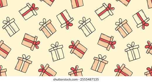 A lot of gift for the New Year. Seamless pattern with gifts. Pattern for gift wrapping. New Year's gift. Gift box with a red bow.