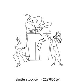 Gift Offer Young Man For Woman On Birthday Black Line Pencil Drawing Vector. Boyfriend Gift Offer Girlfriend On Anniversary Or Xmas Event Holiday. Characters With Present Box Decorated Ribbon And Bow