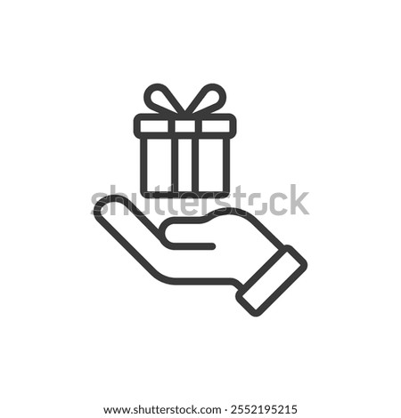 Gift on a hand, icon in line design. Gift, hand, present, support, care, donation, giving on white background vector. Gift on a hand editable stroke icon