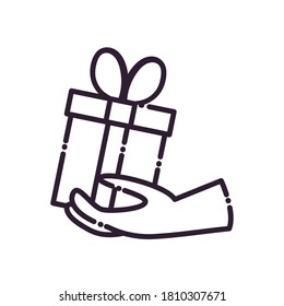 Gift on hand line style icon design, happy birthday celebration decoration party festive and surprise theme Vector illustration