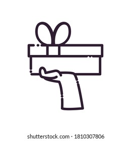 Gift on hand line style icon design, happy birthday celebration decoration party festive and surprise theme Vector illustration